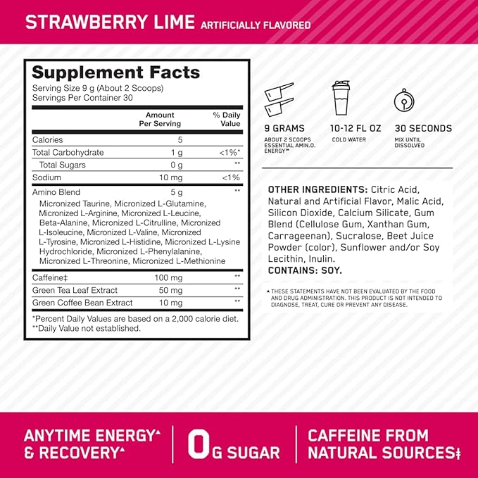 Optimum Nutrition Amino Energy Powder – Energy & Focus Pre Workout with Amino Acids, BCAA, Green Tea Caffeine & Coffee, Muscle Recovery Support – Strawberry Lime, 30 Servings (Packaging May Vary)