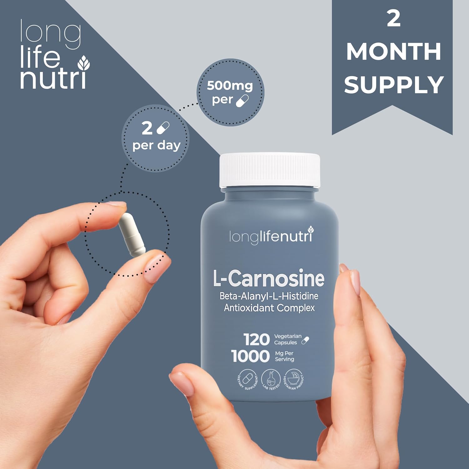 L-Carnosine 1000mg - Beta-Alanyl-L-Histidine Supplement for Cellular Energy & Brain Clarity, 120 Vegetarian Capsules, 2-Month Supply, GMP Certified, Made in USA