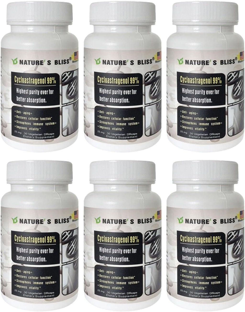 Nature'sbliss Cycloastragenol 25mg 99%,Telomere Supplements, Astragalus Root Extract, Anti Aging Supplement, Made in USA, Immunity Boost, Stomach Acid Protected, Super Absorption, 180 Capsules