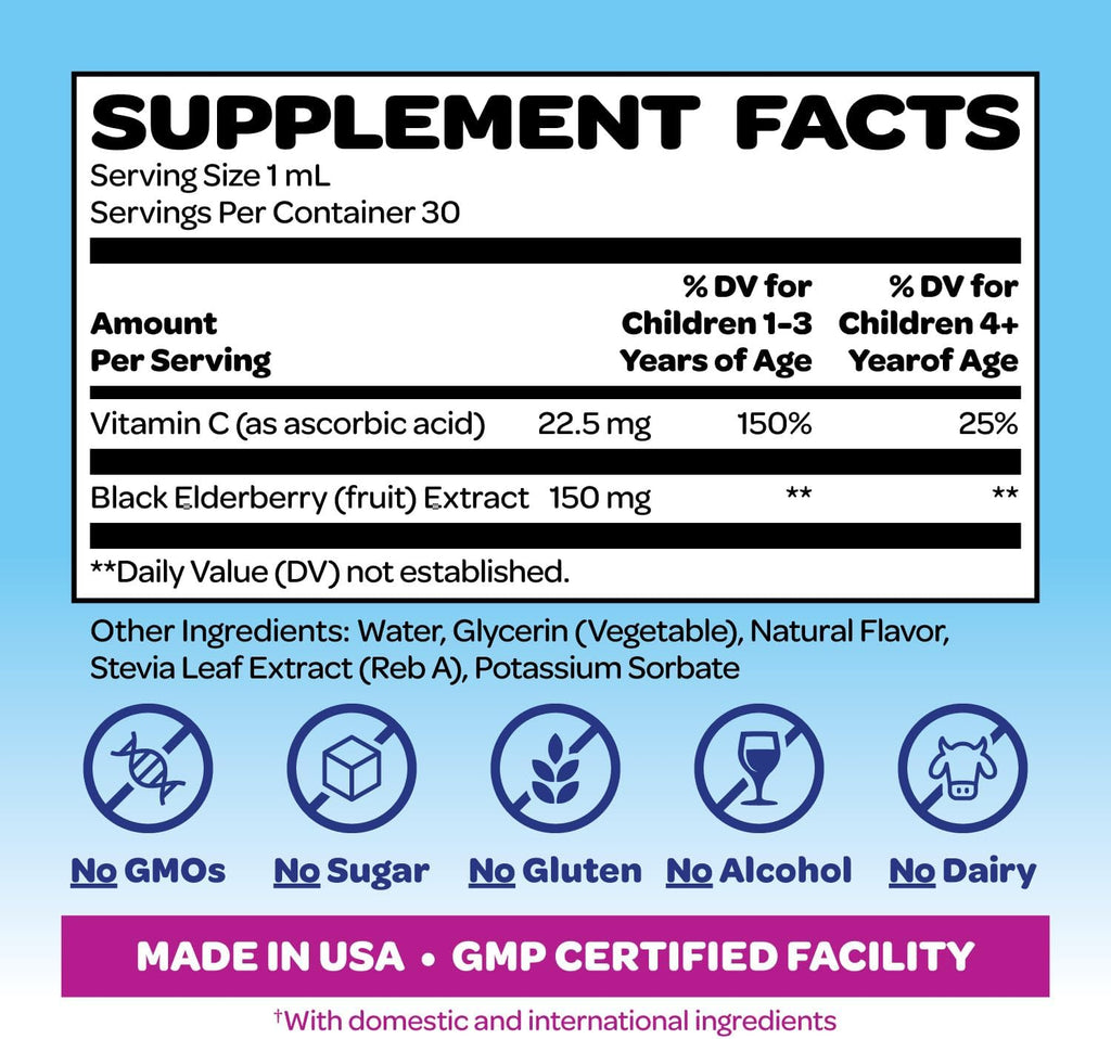 Smurfs Kids Elderberry Drops | Liquid Vitamin C and Elderberry for Kids Immune Support | Ages 1 & Up | Vegan Non-GMO & No Artificial Flavors or Colors | No Added Sugar | Berry Flavor | 30 Servings