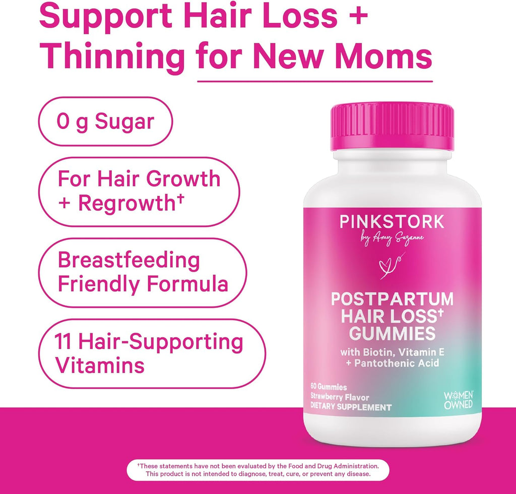 Pink Stork Postpartum Hair Loss Gummies | Biotin, Pantothenic Acid, Vitamin E, B6, B12 | Postnatal Hair Growth + Regrowth Support | Breastfeeding-Friendly | Postpartum Essentials | 60 Gummies