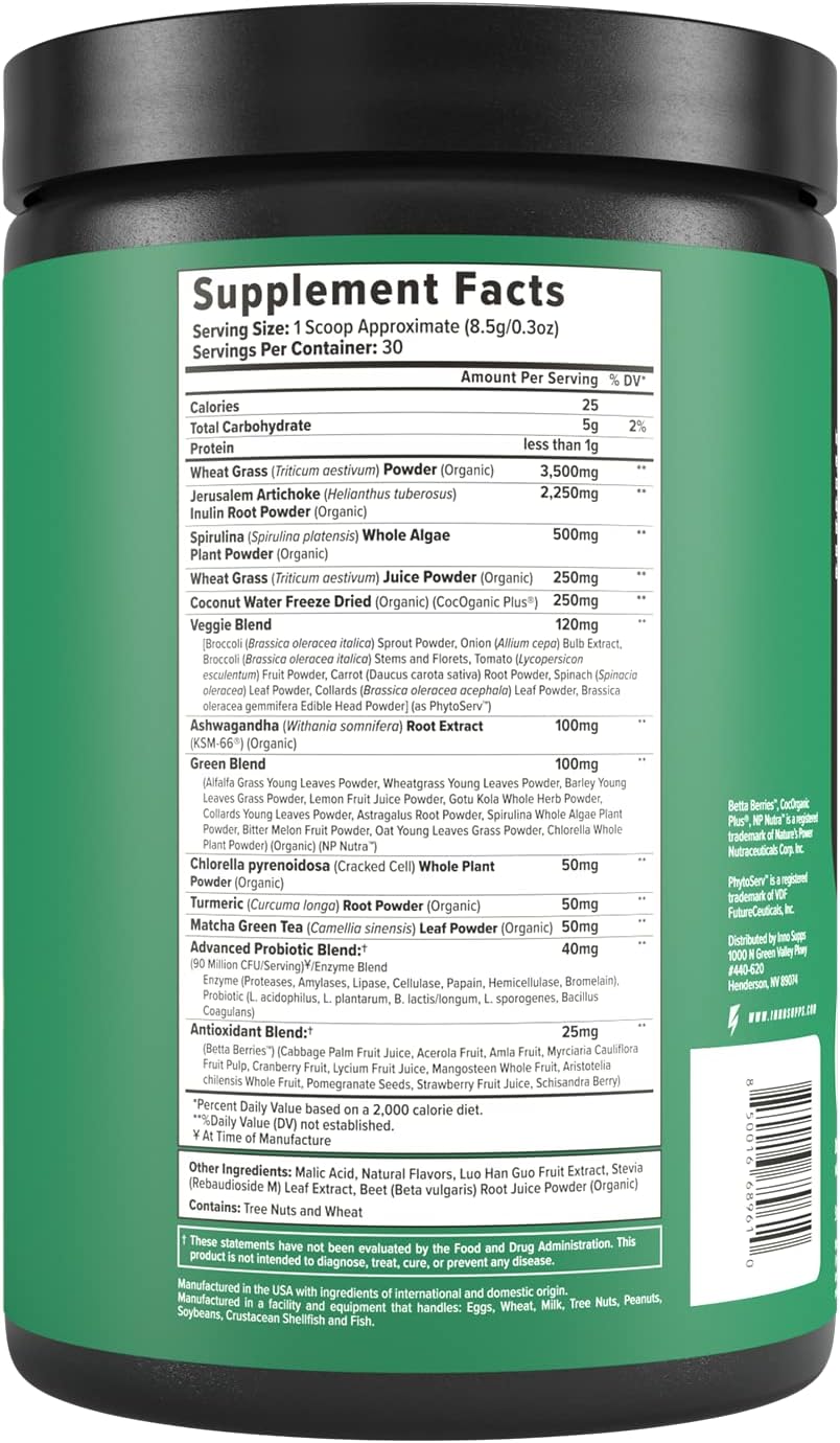 Inno Greens | 28+ Organic Greens & Superfoods | Advanced Prebiotics + Probiotics | Super Antioxidant + Hydration | Spirulina, Chlorella, Ashwagandha | Natural, Non-GMO | 30 Servings (Paradise Punch)