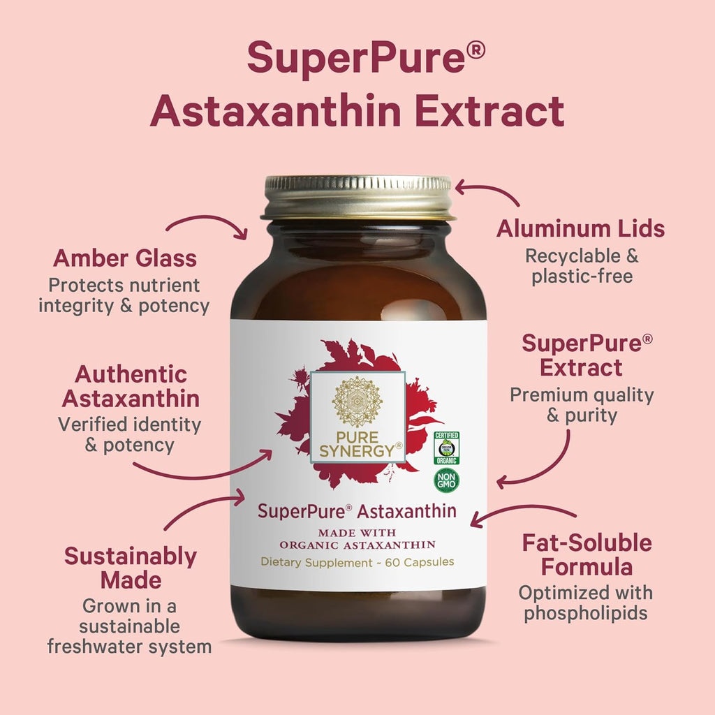 PURE SYNERGY SuperPure Astaxanthin Extract | Organic Astaxanthin from Algae with Sunflower Lecithin | Antioxidant Support for Skin and Eye Health (60 Capsules)