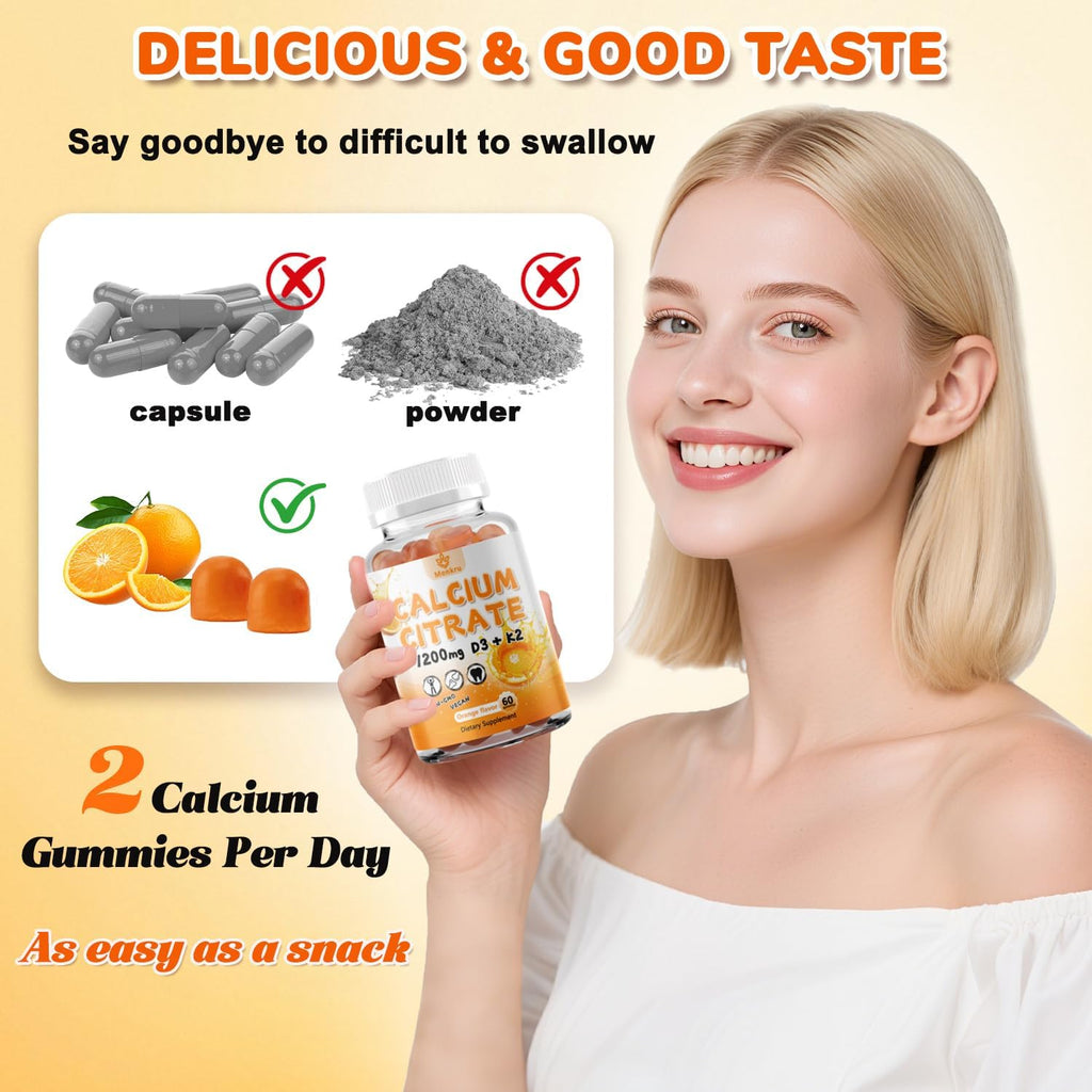 Calcium Citrate Gummies,Calcium 1200 mg with Vitamin D3 and K2 for Women & Men.Supports Bone Muscle & Teeth - Natural Orange Flavor,120 Gummies- 60 Day Vegan Supply