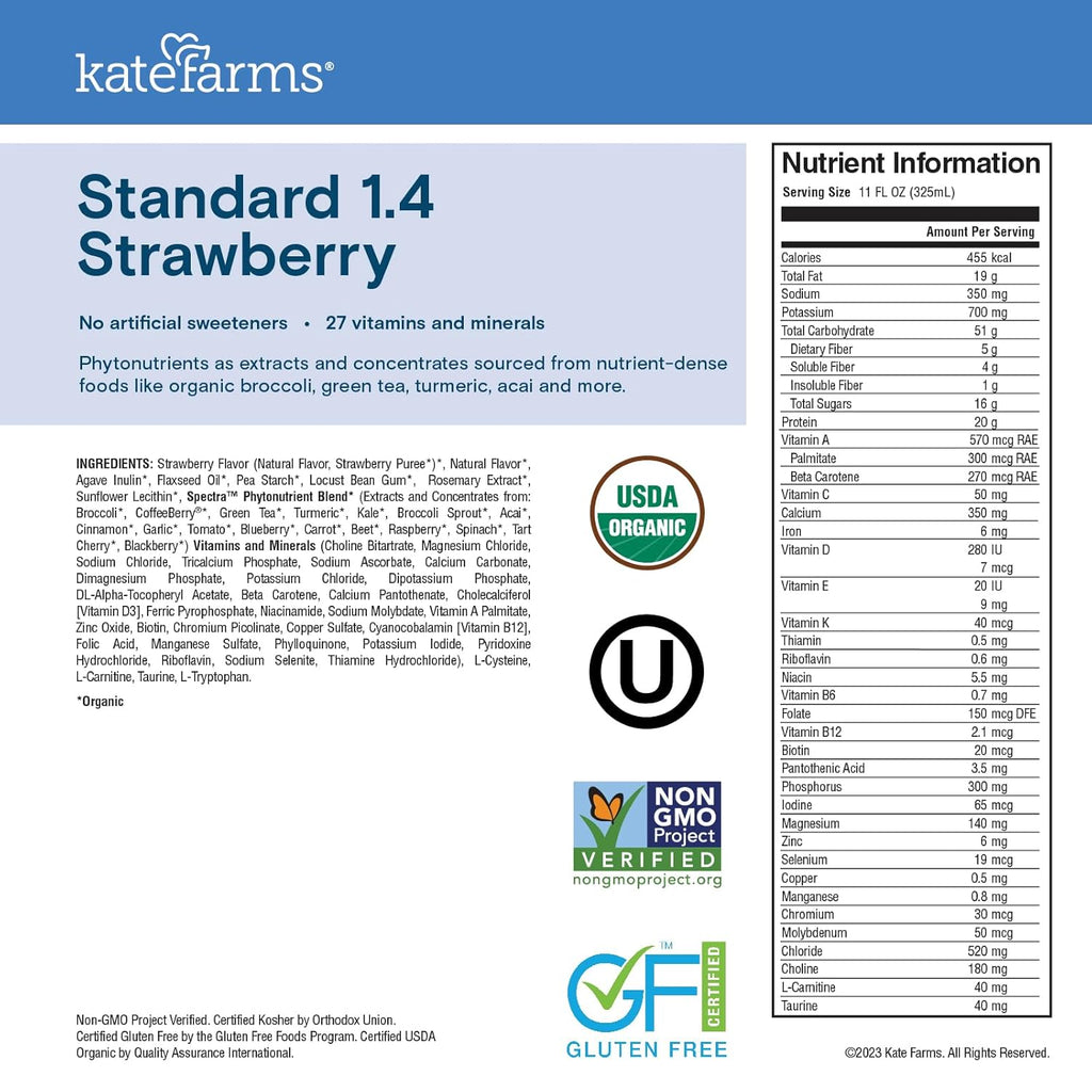 KATE FARMS Organic 1.4 High Calorie Nutrition Shake, Strawberry, 20g Protein, 27 Vitamins and Minerals, Meal Replacement, 11 oz (6 Pack)