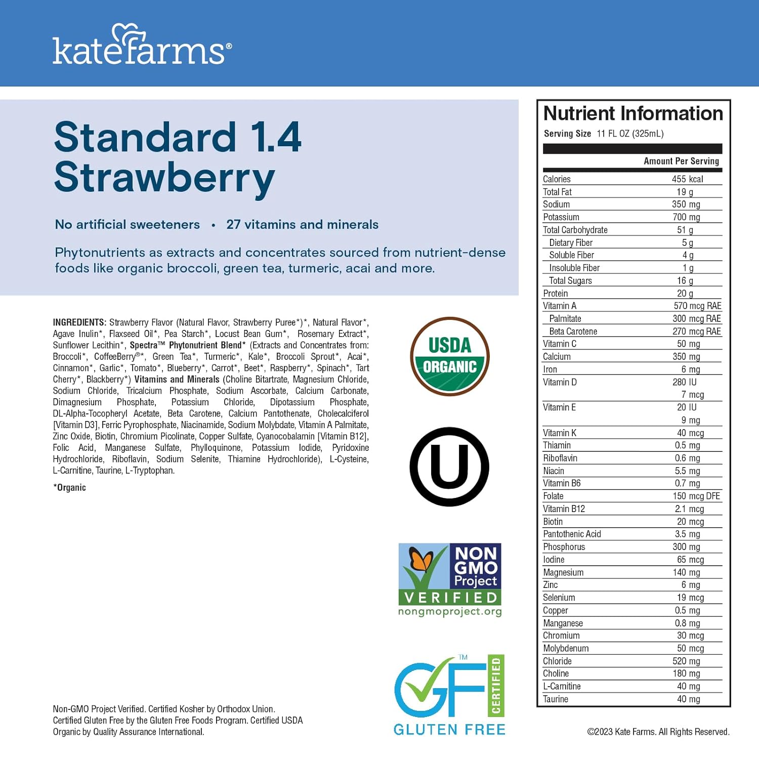 KATE FARMS Organic 1.4 High Calorie Nutrition Shake, Strawberry, 20g Protein, 27 Vitamins and Minerals, Meal Replacement, 11 oz (6 Pack)