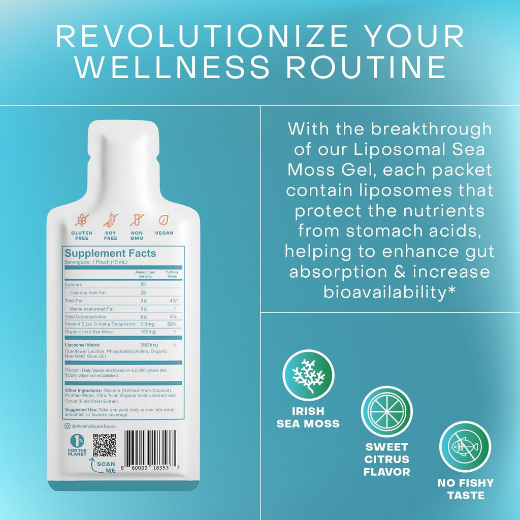 Irish Sea Moss Gel, Liposomal Seamoss with Irish Sea Moss, Vitamin E, Citrus, Organic Vanilla, Glycerin, Skin, Energy & Gut Health Support for Women & Men, Sweet Citrus Flavor, 30 Ct
