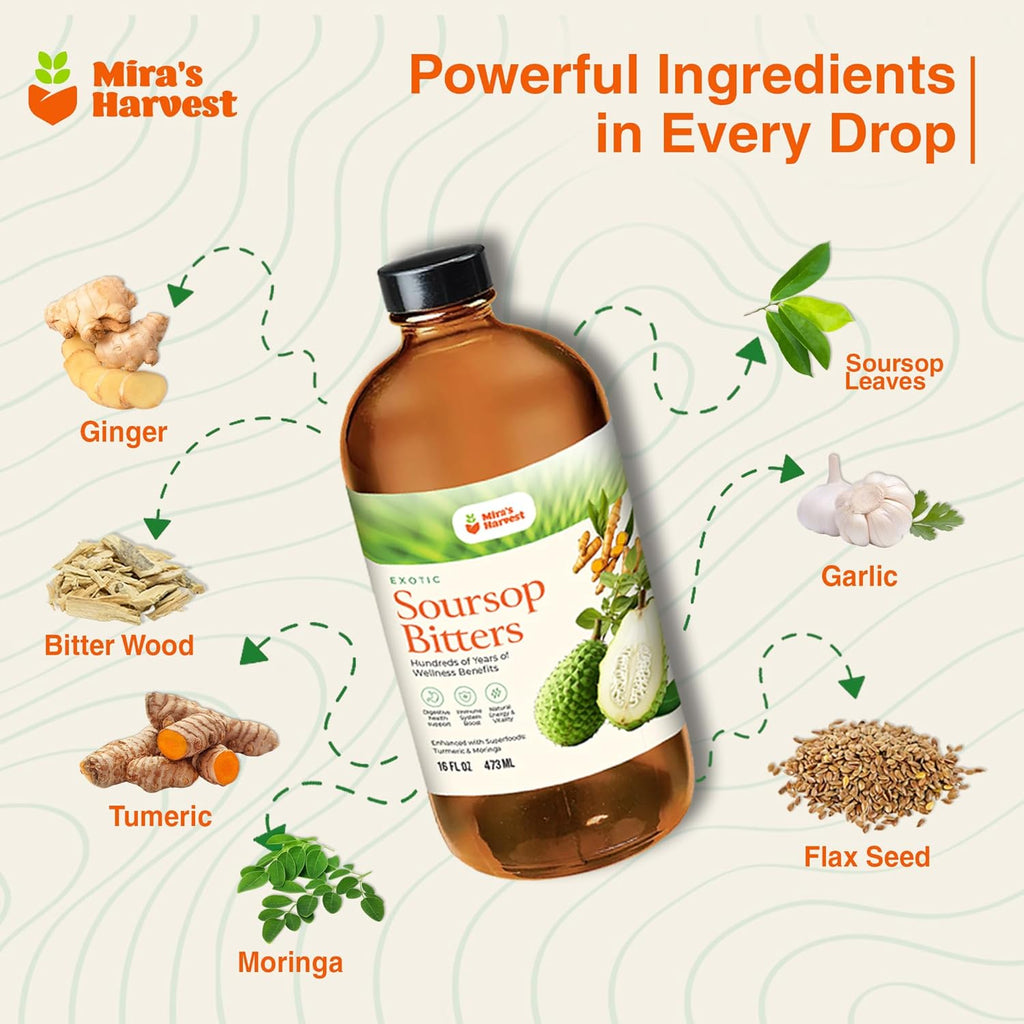 Mira’s Harvest Soursop Bitters Liquid, Guanabana 16oz Premium Grade for Gut Support, with Moringa, Bitter Wood, Apple Cider Vinegar