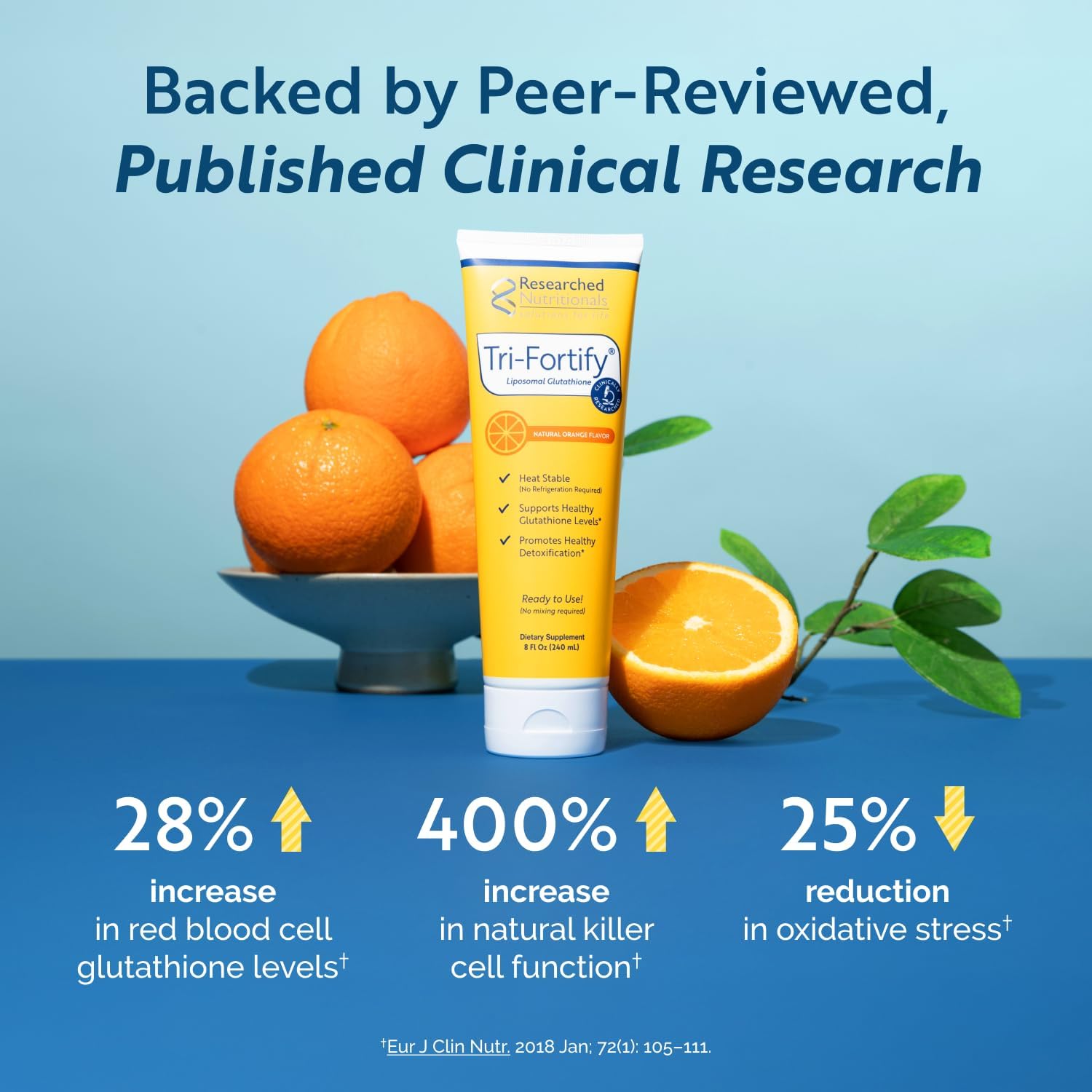 Researched Nutritionals Liposomal Glutathione (450mg) Liquid Gel + Vitamin C - Tri-Fortify - Aid Natural Energy, Immune Support & Detox - Clinically Researched for Absorption - Orange (8 Fl Oz)