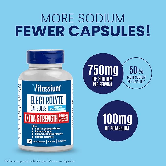 Vitassium Extra Strength Electrolyte Capsules, 750mg of Sodium for The Management of POTS and High Sodium Diets, Unflavored, 100 Salt Pills (Size 00)
