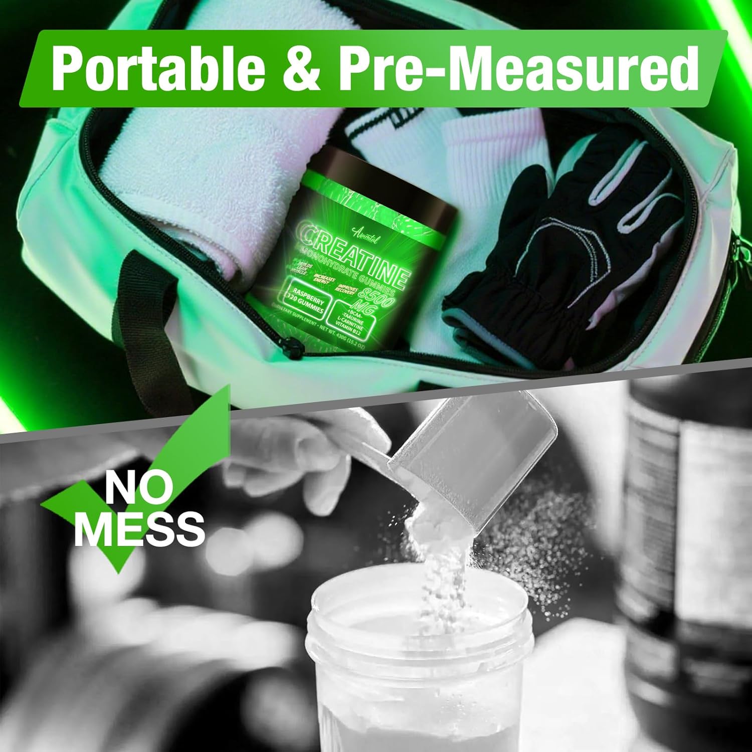 Creatine Monohydrate Gummies Complex 8500 MG for Men & Women, Creatine Monohydrate Supplement for Muscle Growth, Strength & Energy Support, Pre Workout Gummies 120 Count Green Apple Flavor