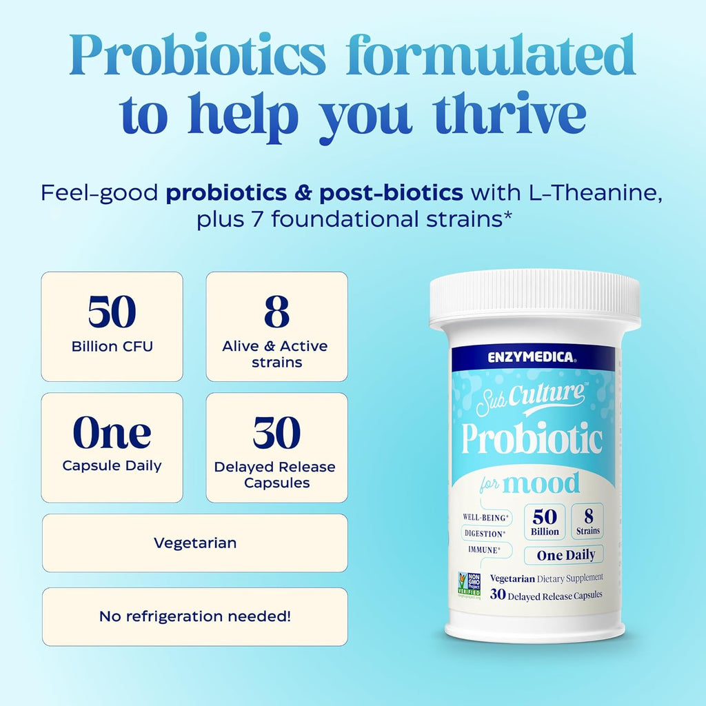 Enzymedica SubCulture Probiotics for Mood, Stress, & Sleep, 50 Billion CFU, Promotes Relaxation, Immune + Digestive Health & Regularity, 30 Count