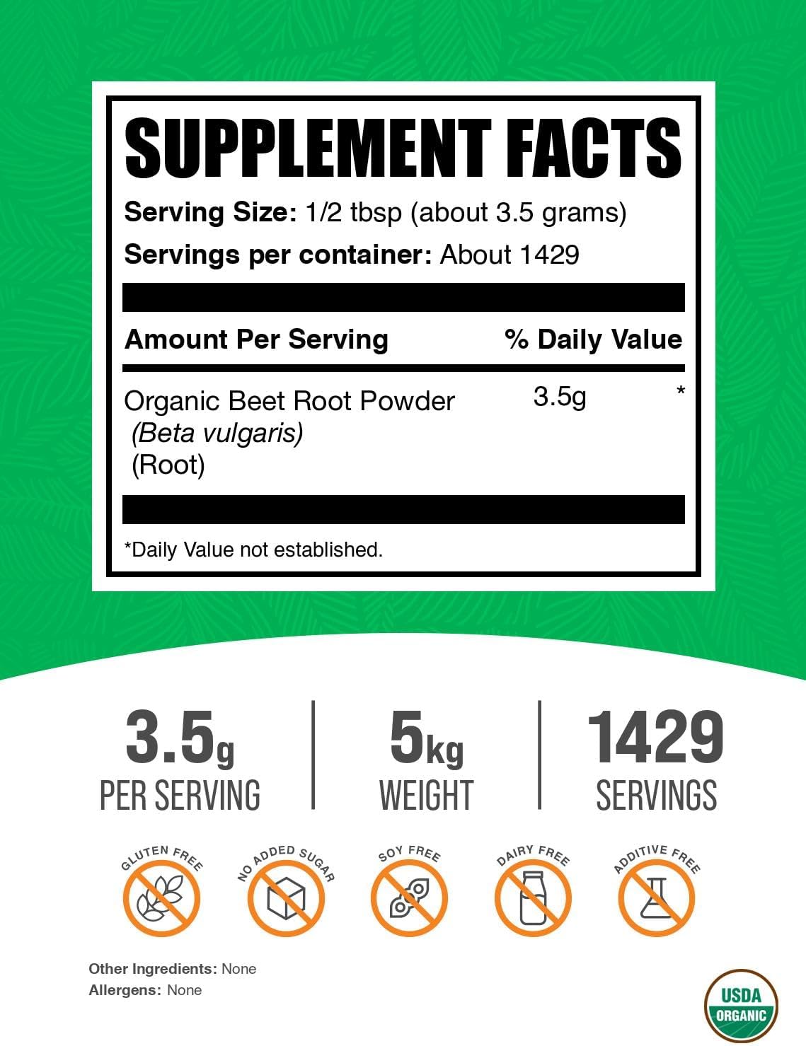 BulkSupplements.com Organic Beet Root Powder - Superfood Supplement, Beet Root Supplements - Vegan & Gluten Free, 3.5g per Serving, 1kg (Pack of 5) (11 lbs)