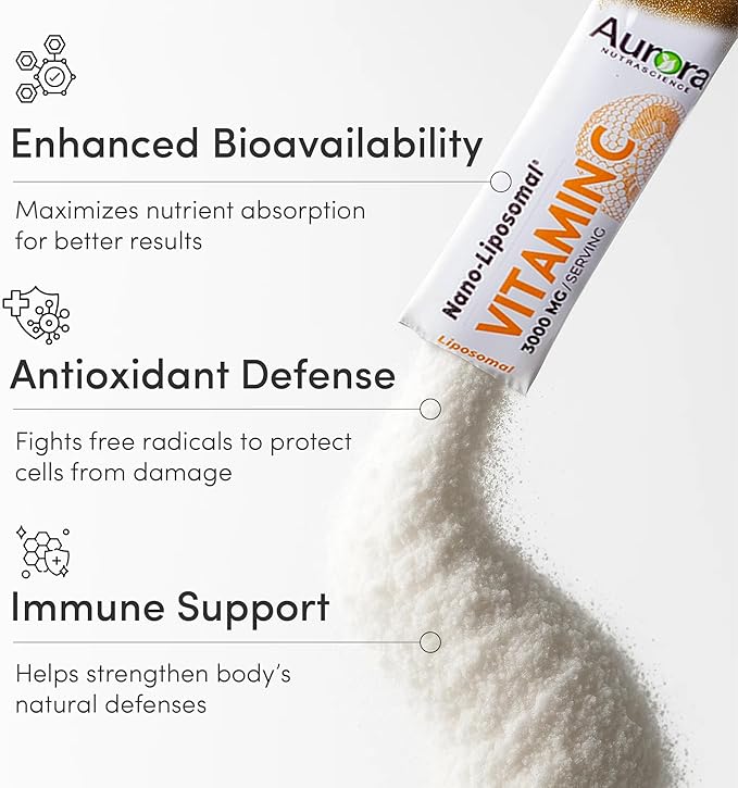 Vida Lifescience Aurora Nutrascience Nano-Pack Liposomal Vitamin C Powder Drink Mix, Immune Support, High Strength 3,000 mg Per Serving, 30 Single Serve Packets, Orange