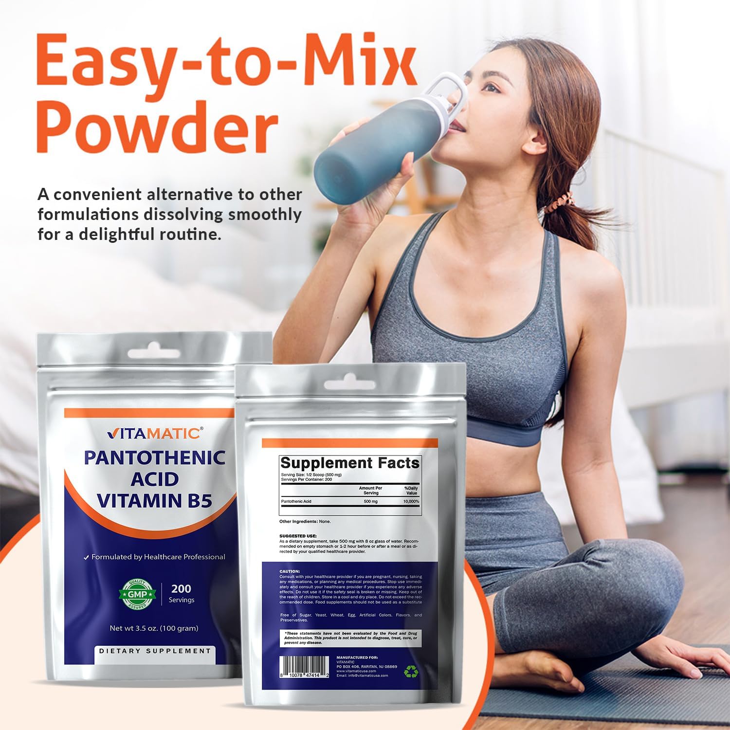 Vitamatic Pantothenic Acid Pure Powder 500 mg per Serving - 100 Grams - Also Called Vitamin B5-200 Servings