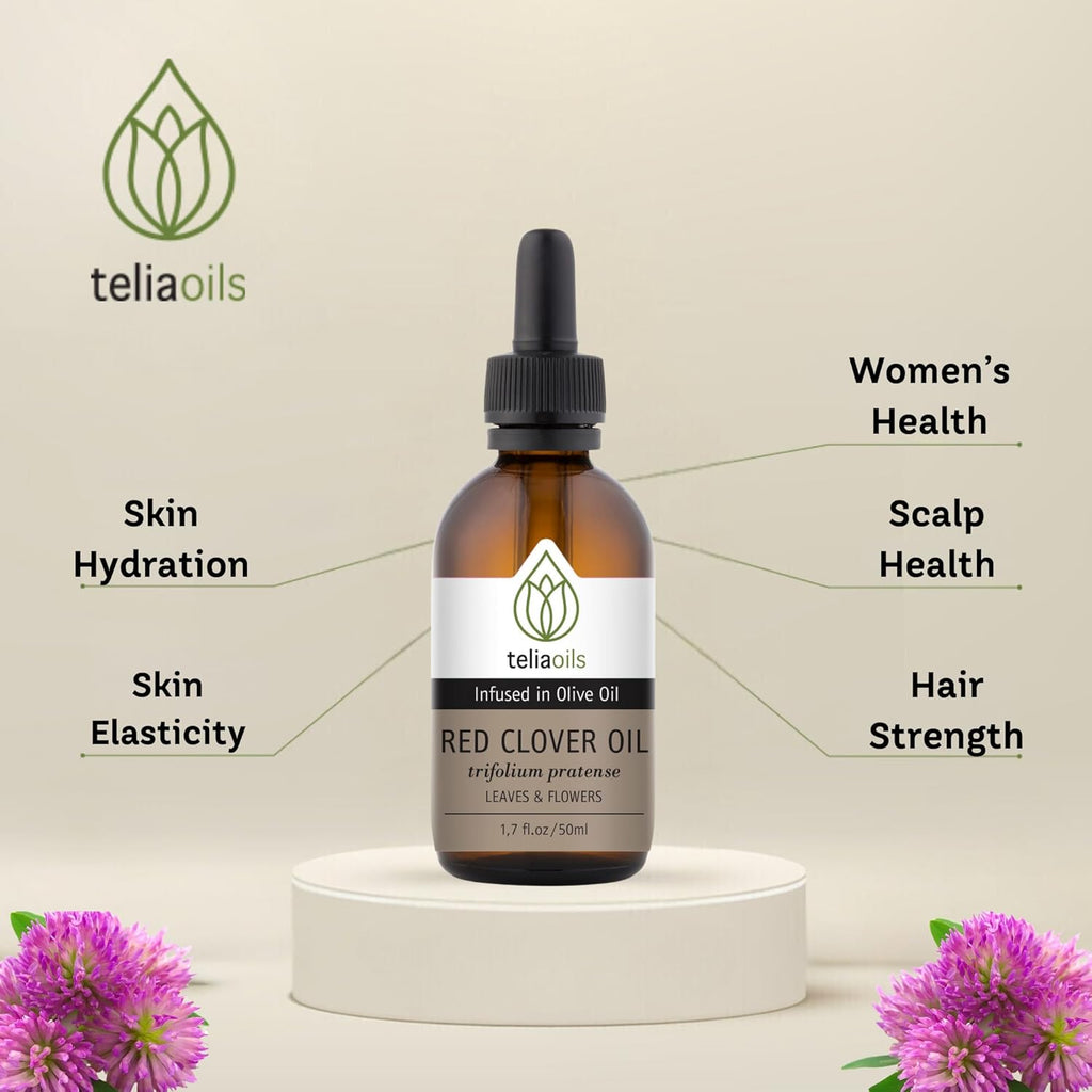 Teliaoils Red Clover Extract Infused in Olive Oil – Macerated Herbal Oil for Skin Elasticity, Anti-Aging Hair Health Women’s Wellness – 1.7 Oz (50ml)