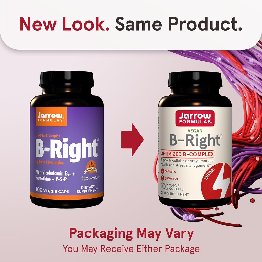Jarrow Formulas B-Right, Optimized B Complex Featuring Vitamin B1, B2, B5, B6, B12 and B9 to Support Cellular Energy, Immune Health and Stress Management, 100 Veggie Capsules, Up to a 100 Day Supply