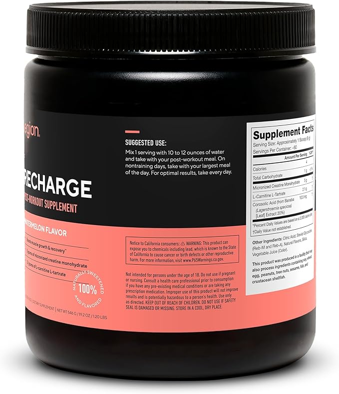LEGION Athletics Recharge Post Workout Supplement - All Natural Muscle Builder & Recovery Drink with Creatine Monohydrate. Naturally Sweetened & Flavored, Safe & Healthy (Watermelon, 60 Servings)