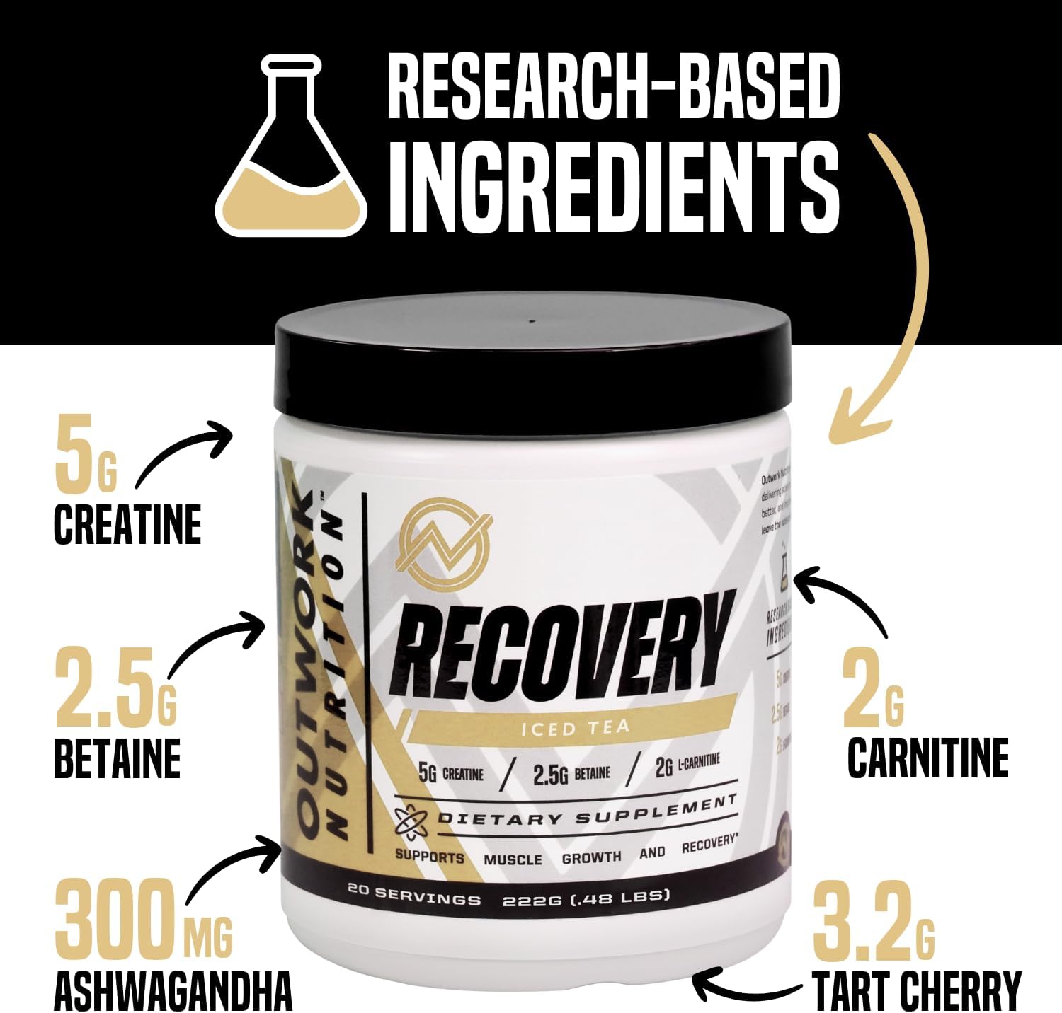 Outwork Nutrition Post Workout Recovery Powder - Creatine Monohydrate, KSM-66 Ashwagandha & Tart Cherry - Speeds Recovery, Eases Soreness - Creatine Powder for Men & Women, Iced Tea, 240 Gr