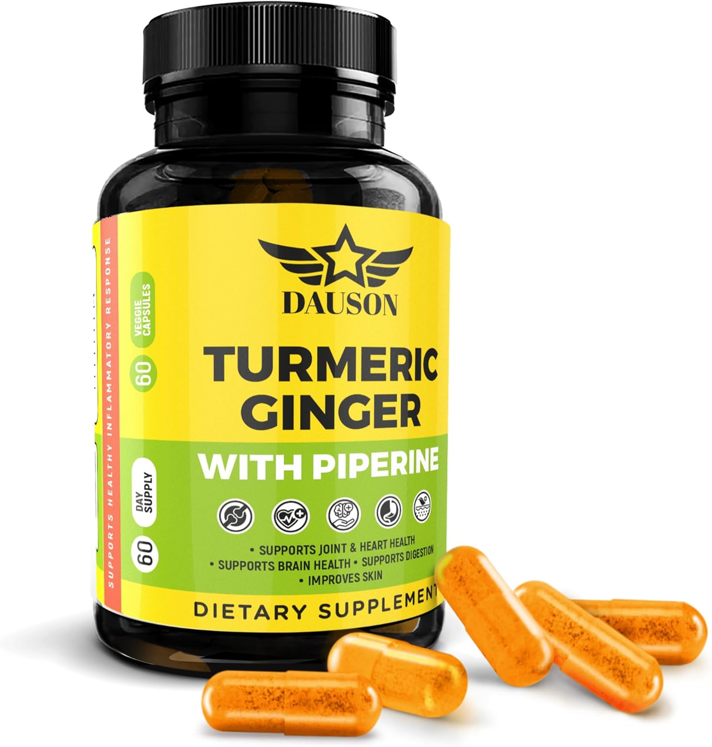 Turmeric Ginger Piperine Capsules – Curcumin 95% with Black Pepper, Vitamin C, D3 & Zinc – Gut, Joint & Immune Support – Vegan Supplement – 60 Capsules