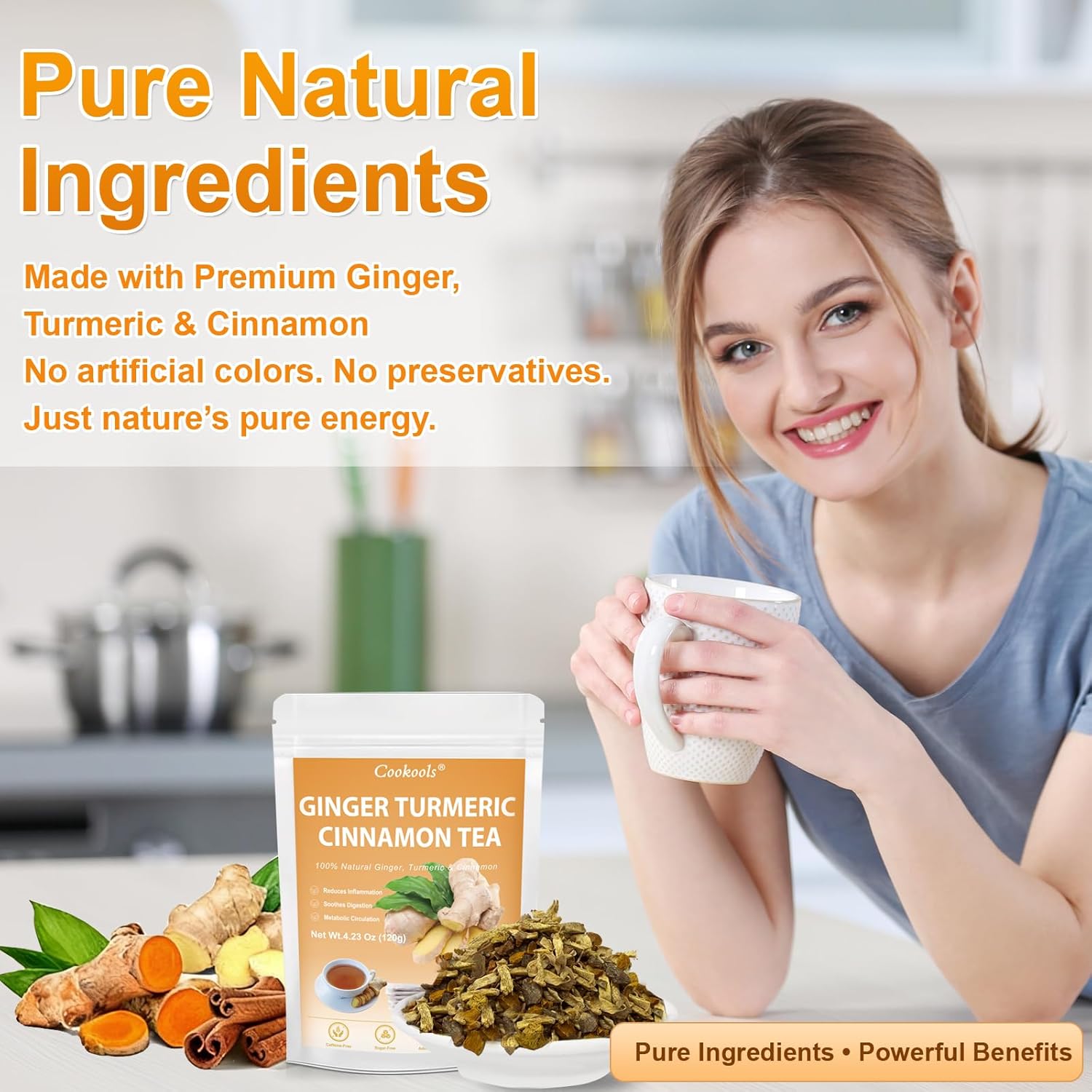 Ginger Turmeric Tea 2g x 60 Teabags | 100% Golden Blend for Wellness | Powerful Antioxidant & Natural Digestion Metabolism Support | Warming, Caffeine-Free Herbal Tea