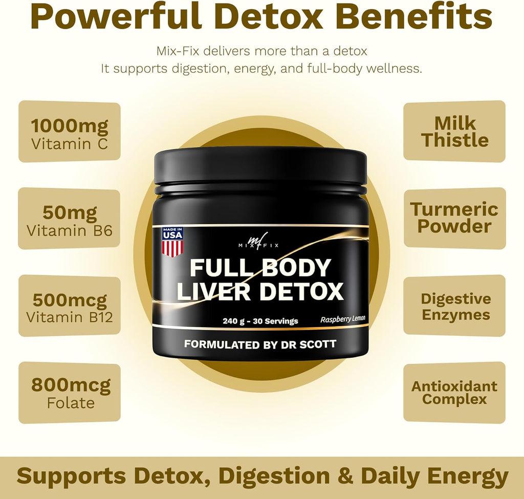 Mix-Fix Full Body Detox Powder – Advanced Colon, Gut, Liver Cleanse Detox & Repair – with Milk Thistle Glutathione, NAC, Turmeric & Beetroot – Cleanse, Digestion, Energy & Immune Health – Made in USA
