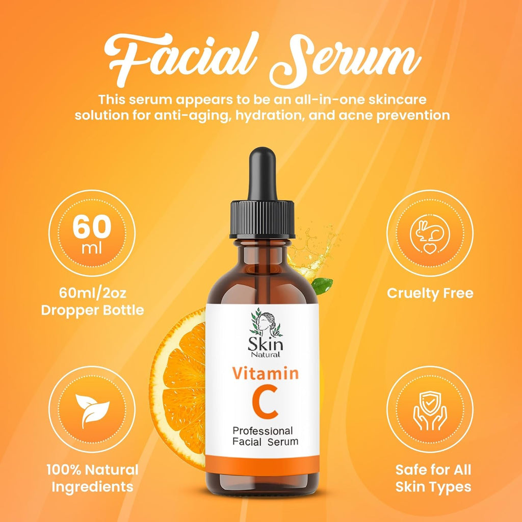 Skin Natural's Vitamin C Facial Serum - Anti-Aging, Brightening & Hydrating - Hyaluronic Acid, Retinol & Vit E - Fades Dark Spots - for All Skin Types, 1 fl Oz (1 Fl Oz)
