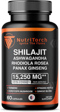 Shilajit Capsules - Supplement with Ashwagandha, Rhodiola Rosea, Panax Ginseng, Turmeric, Cordycep Mushrooms, Ginkgo Biloba - 15250Mg - 60 Capsules
