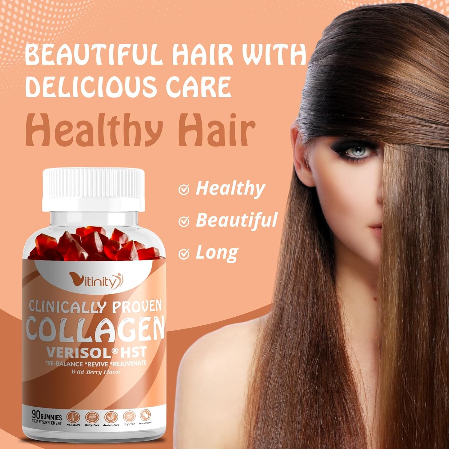 VITINITY VERISOL® HST+HA+VIT C Collagen Hard Chewy Gummies Clinically Proven Beauty.Firmer,Smoother Skin,Fewer Wrinkles,Reduced Cellulite.True Beauty from Within.The Look-Good Feel-Good -30 Day Supply