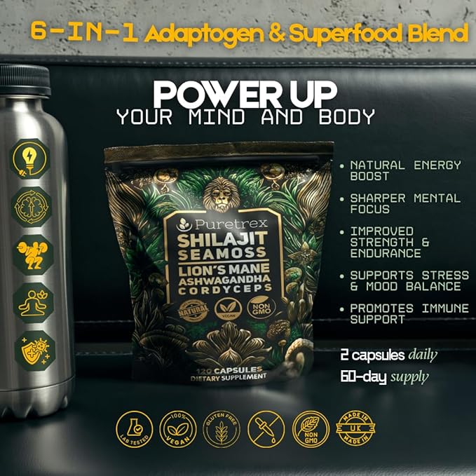 Shilajit Seamoss Capsules with Lion's Mane, Ashwagandha, and Cordyceps – 120 Vegan Capsules for Energy, Focus, and Wellness