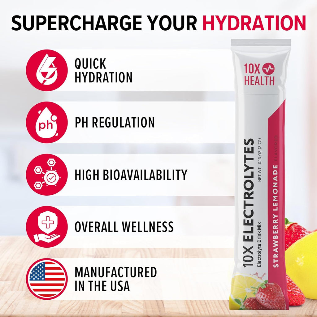 10X Health Electrolytes Powder Drink Mix Strawberry Lemonade w/Potassium, Magnesium & Mediterranean Sea Salt - Sugar-Free Electrolytes Powder - Non-GMO Electrolyte Packets - 30 Stickpacks