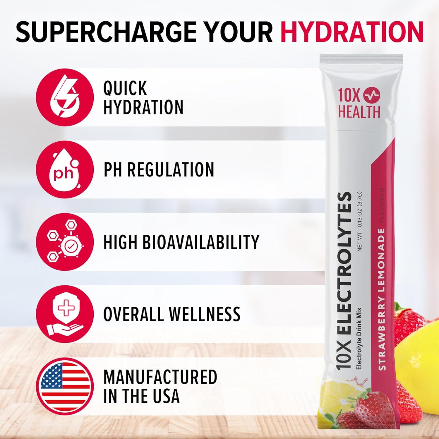 10X Health Electrolytes Powder Drink Mix Strawberry Lemonade w/Potassium, Magnesium & Mediterranean Sea Salt - Sugar-Free Electrolytes Powder - Non-GMO Electrolyte Packets - 30 Stickpacks