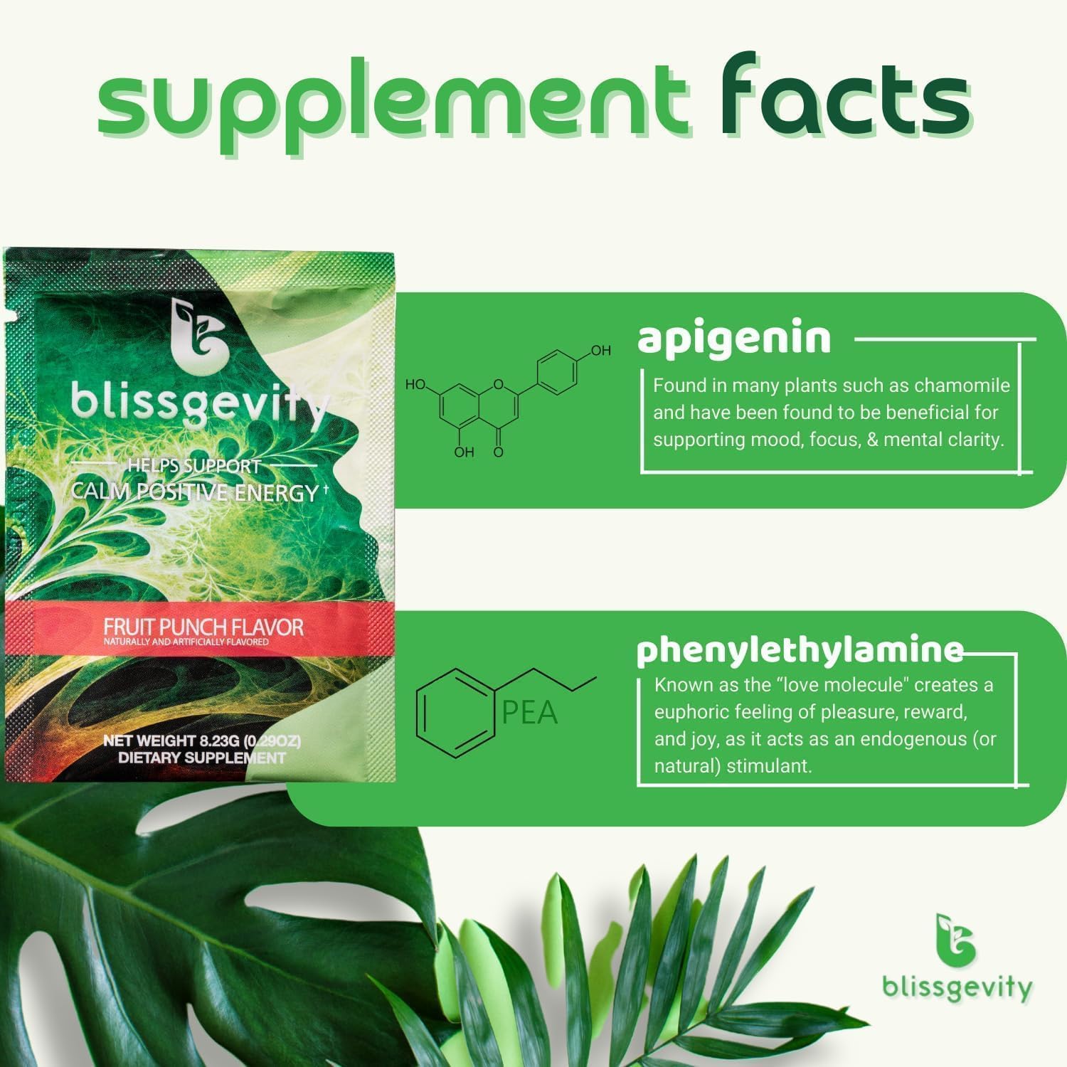 Mood Support Drink Mix - 150mg Apigenin - Phenylethylamine Promotes Focus and Mental Clarity - Herbal Wellness Support - Fruit Punch with Sugar - 12 Packets