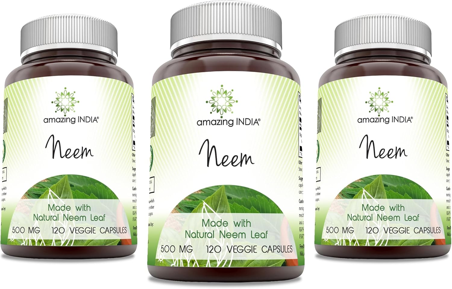 Amazing India Neem (Made with Natural Neem Leaf) 500 mg Veggie Capsules Supplement | Non-GMO | Gluten Free | Made in USA | Suitable for Vegetarians (120 | 3 Pack)