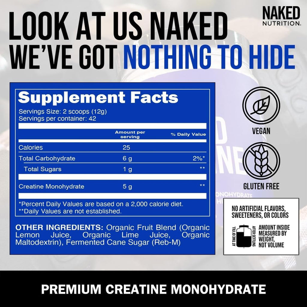 NAKED Pure Micronized Lemon Lime Creatine Monohydrate - 42 Servings - 500 Grams, 1.1Lb Bulk, Vegan, Non-GMO, Gluten Free, Soy Free. Aid Strength Gains, No Additives