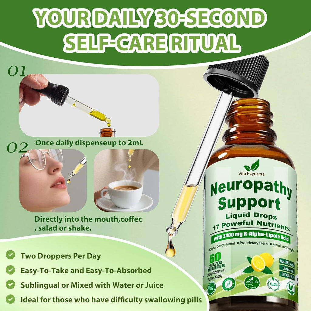 Neuropathy Supplements Liquid Drops, Advance 17-in-1 Stabilized R-Alpha Lipoic Acid (R-ALA) w. Acetyl L-Carnitine Vitamin B-Complex Magnesium, High Potency R-Lipoic Acid for Nerve Antioxidant Energy