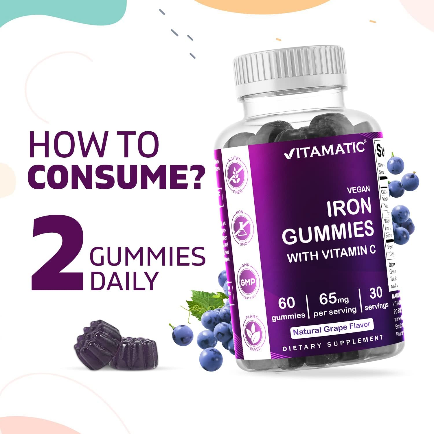 Vitamatic Iron 65 mg Gummies Supplement for Women & Men - 60 Vegan Gummies - Great Tasting Iron Gummy Vitamins with Vitamin C (6)