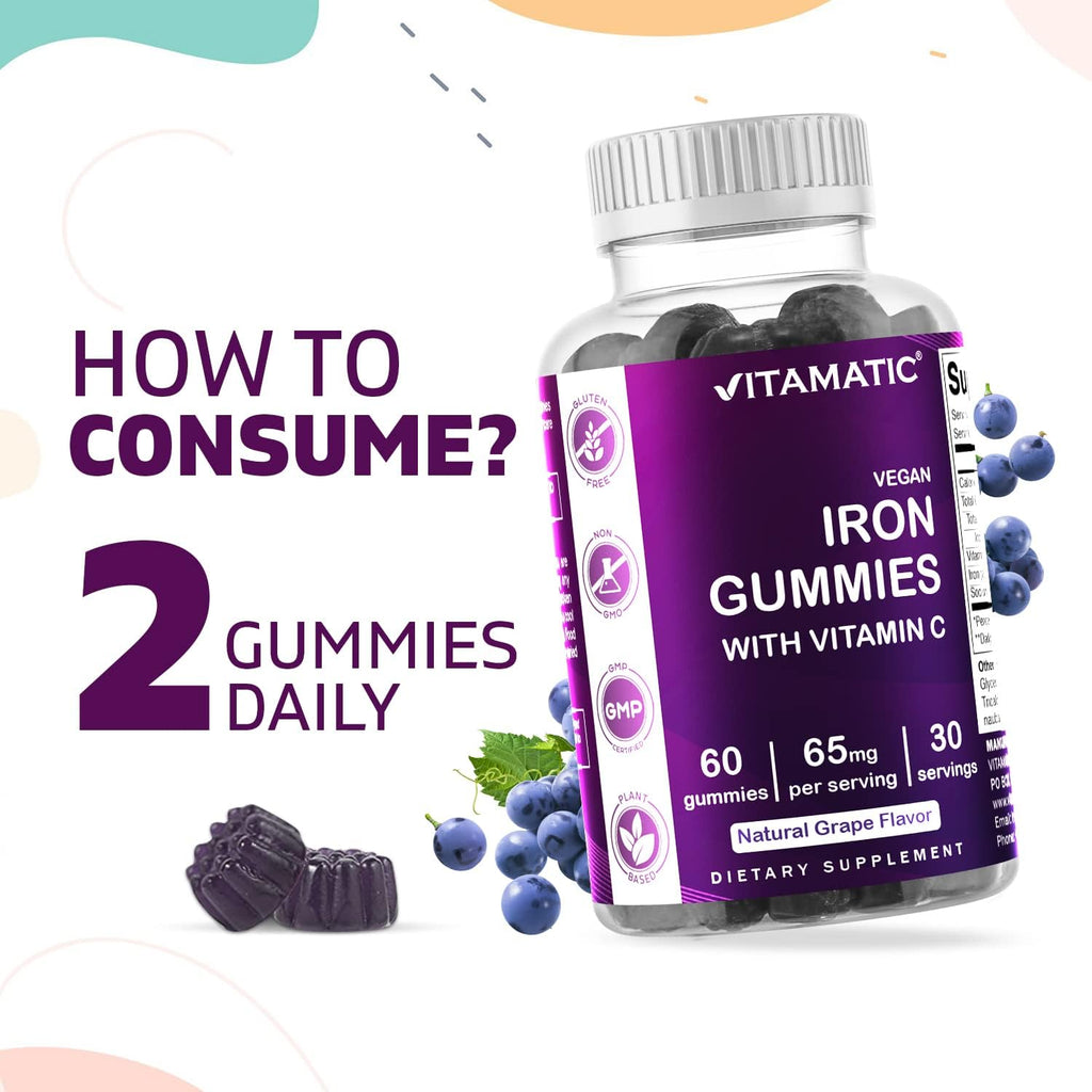 Vitamatic Iron 65 mg Gummies Supplement for Women & Men - 60 Vegan Gummies - Great Tasting Iron Gummy Vitamins with Vitamin C (3)