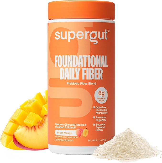 Supergut Foundational Daily Fiber Powder, Sugar Free & Vegan Prebiotic Fiber Blend for Gut Health & Digestive Support, Supplement for Men & Women with Solnul & Sunfiber, Peach Mango, 18 Servings