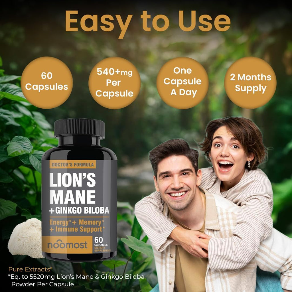 Lions Mane Supplement Organic Capsules - With Ginkgo Biloba - Cognitive Health, Focus & Memory Support - Natural Superfood for Brain, Energy & Immune Health - Non GMO- 60 Caps - 2 Month Supply