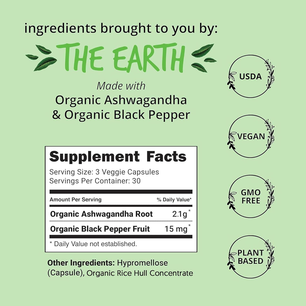 Organic Ashwagandha Capsules 2100mg – Stress Relief Supplement – Extra Strength, 100% Herbal, Energy, Mood & Cortisol Manager, Includes Black Pepper for High Absorption – Non-GMO, 90 Ct