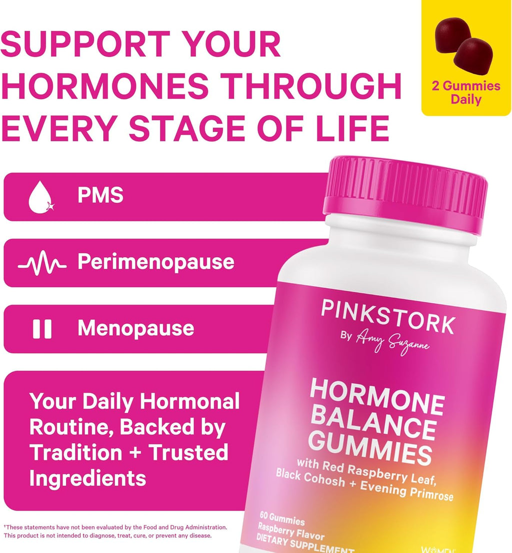 Pink Stork Hormone Balance Gummies for Women – PMS, Menopause & Estrogen Support – Mood, Bloating, Hot Flashes & Energy – Red Raspberry Leaf, Black Cohosh, Primrose – 60 Vegan Gummies
