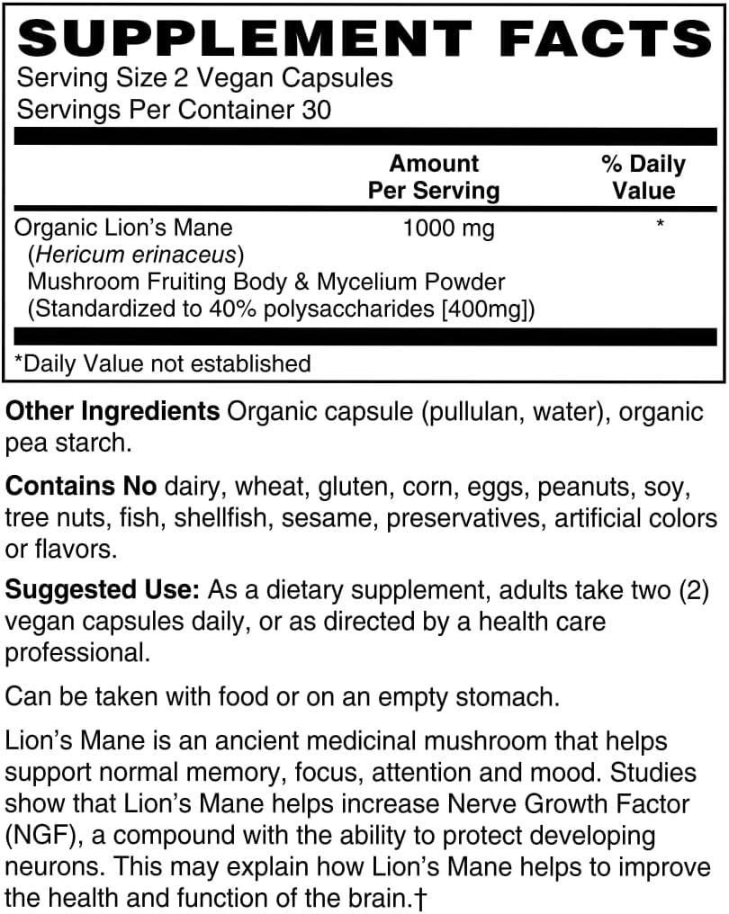 Organic Lion's Mane Mushroom Capsules - 1,000mg High Potency - Brain Boost, Focus & Immune Support - Non-GMO, Vegan, 60 Count