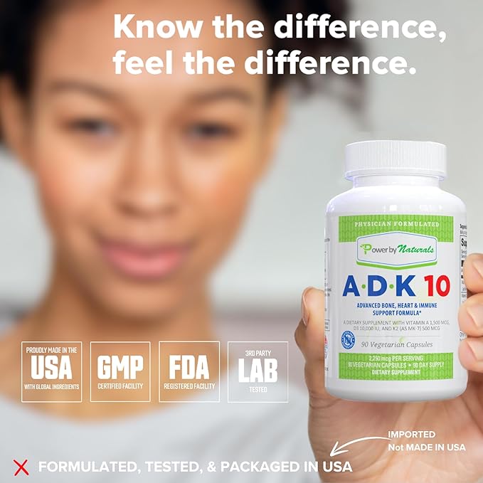 Power By Naturals ADK Vitamin Supplement – ADK 10 High Potency with Vitamins A, D3 10,000 IU & K2 MK7 for Superior Heart, Immune & Bone Health Support – 90 Capsules, 1 Pack (3-Month Supply)