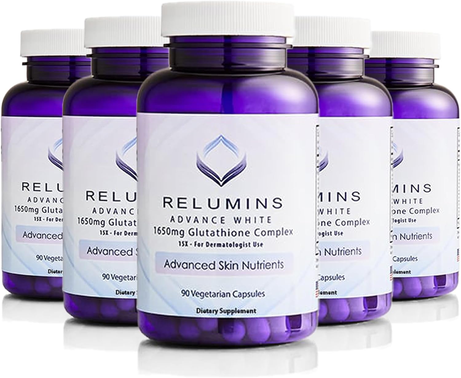 Relumins L-Glutathione Complex 1650mg - Antioxidant Support with Alpha Lipoic Acid, NAC, L-Methionine, Vitamin E - Halal & cGMP Certified, Skin Health Supplement - 90 Vegetarian Capsules x 5 Bottles