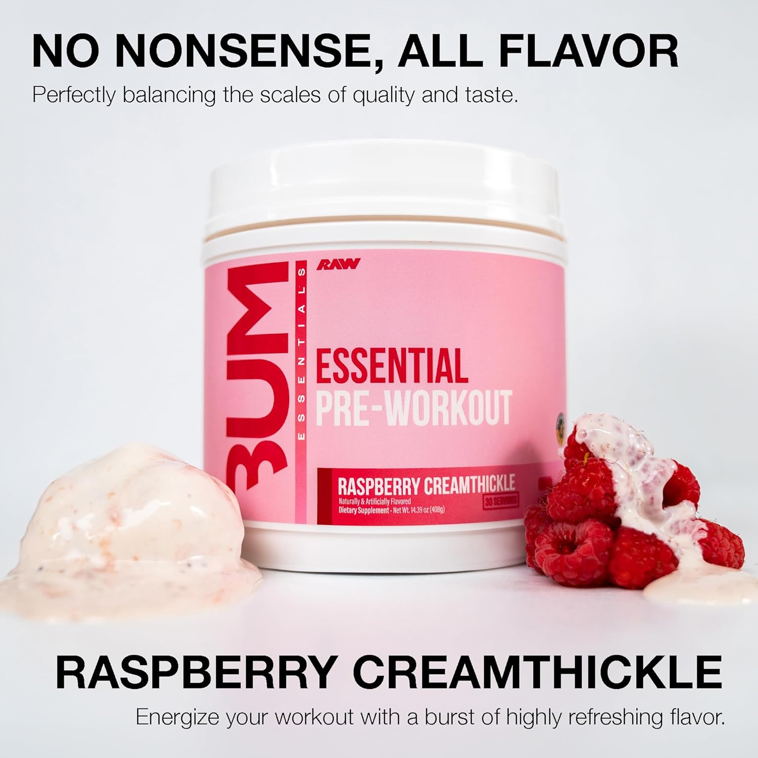 RAW Essential Pre-Workout Powder (Rathberry Creamthickle) - Chris Bumstead Sports Supplement for Men & Women - Preworkout Energy Powder with Caffeine, L-Citrulline, L-Tyrosine, & Beta Alanine Blend