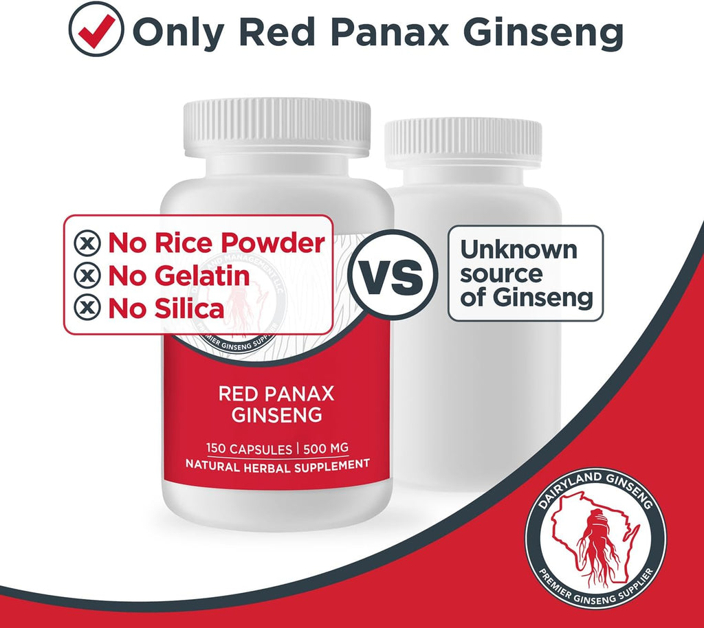 Dairyland Korean Red Panax Ginseng Capsules - 2000 mg Concentrated Potent Ground Ginseng Root Extract - No Fillers, Binders or Other Additives. (75 ct)