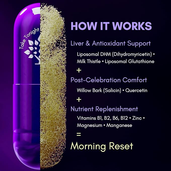 purple tree Post-Celebration Wellness Supplement for Liver Support & Hydration | Liposomal Dihydromyricetin (DHM), L-Glutathione, Milk Thistle, B Vitamins, Minerals, Willow Bark | 30 Pills