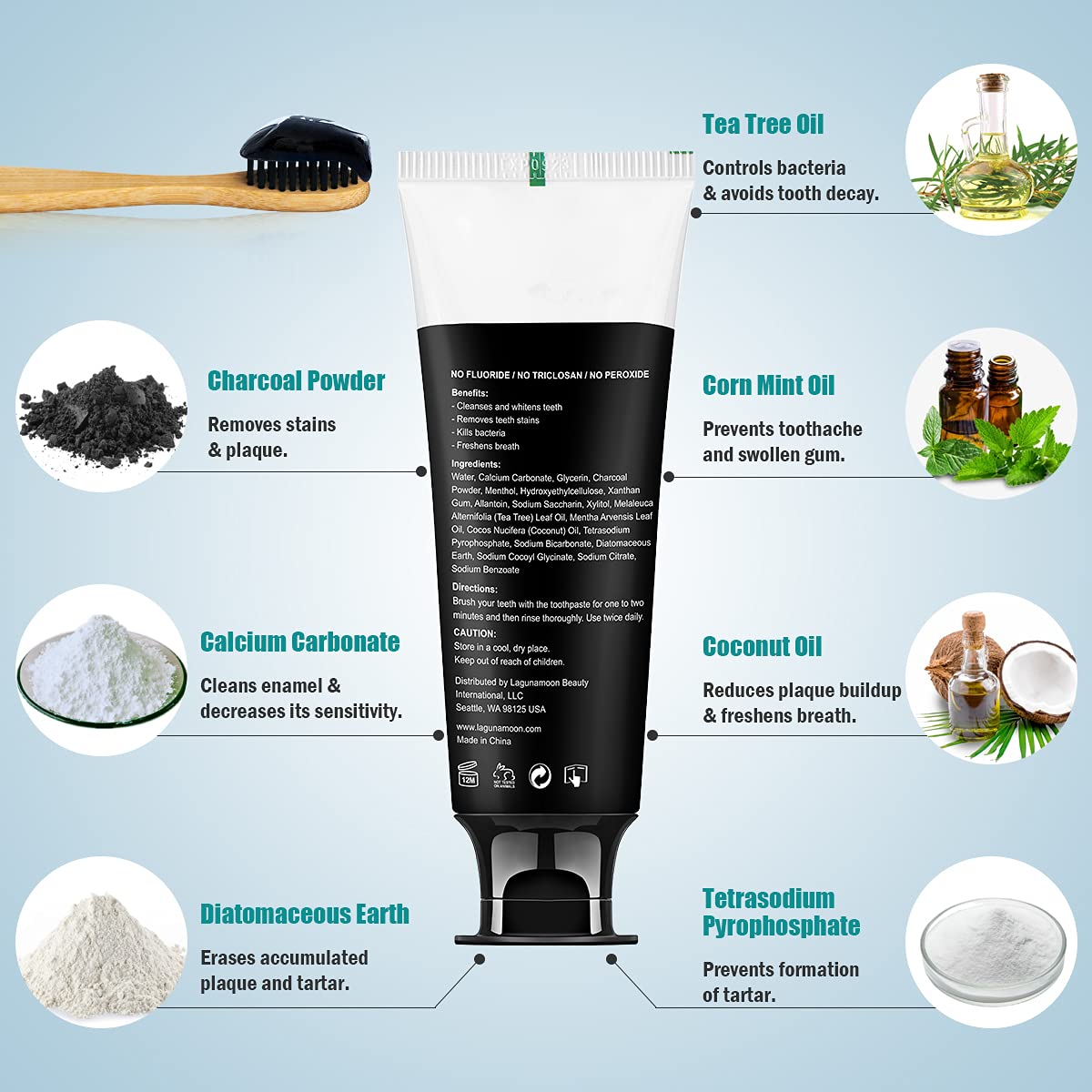 Lagunamoon Whitening Charcoal Toothpaste for Sensitive Teeth, Enamel Repair, Cavity Protection - Natural Toothpaste for Whitening, Removing Stains, Mint Flavor Freshen Breath Mint Gel - No Peroxide