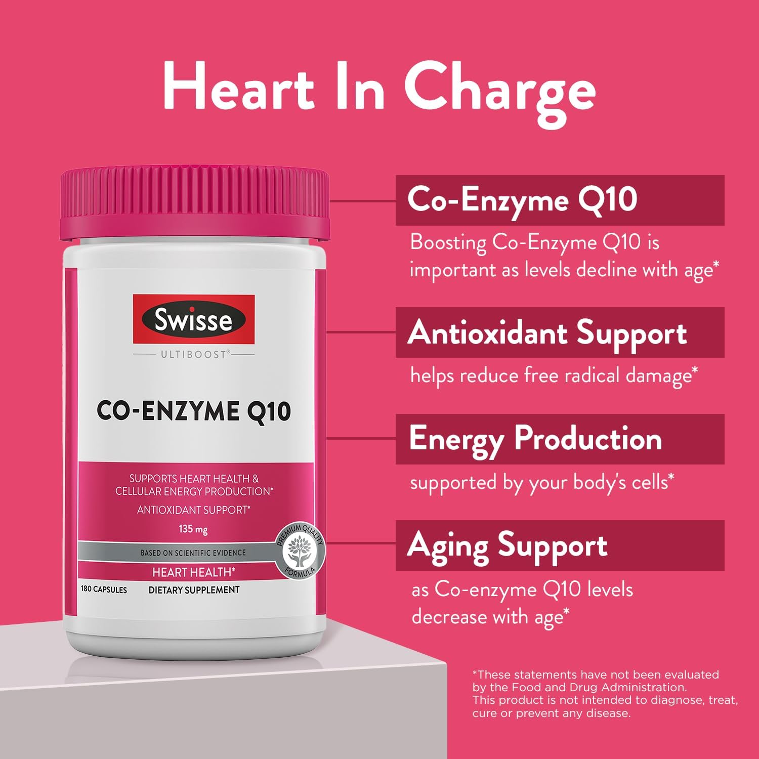 Swisse CoQ10 Supplement Co-Enzyme Q10 | 6 months Supply| Coenzyme Q10 Supports Heart Health and Ubiquinol Cellular Energy Production | CQ10 Antioxidant Support| Co Q 10 Supplement 135mg | 180 Softgels